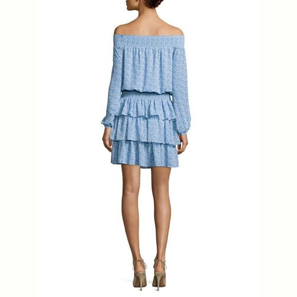 New! MICHAEL KORS Women's Smocked Off-Shoulder Ruffle Dress Blue White XS - Picture 2 of 3